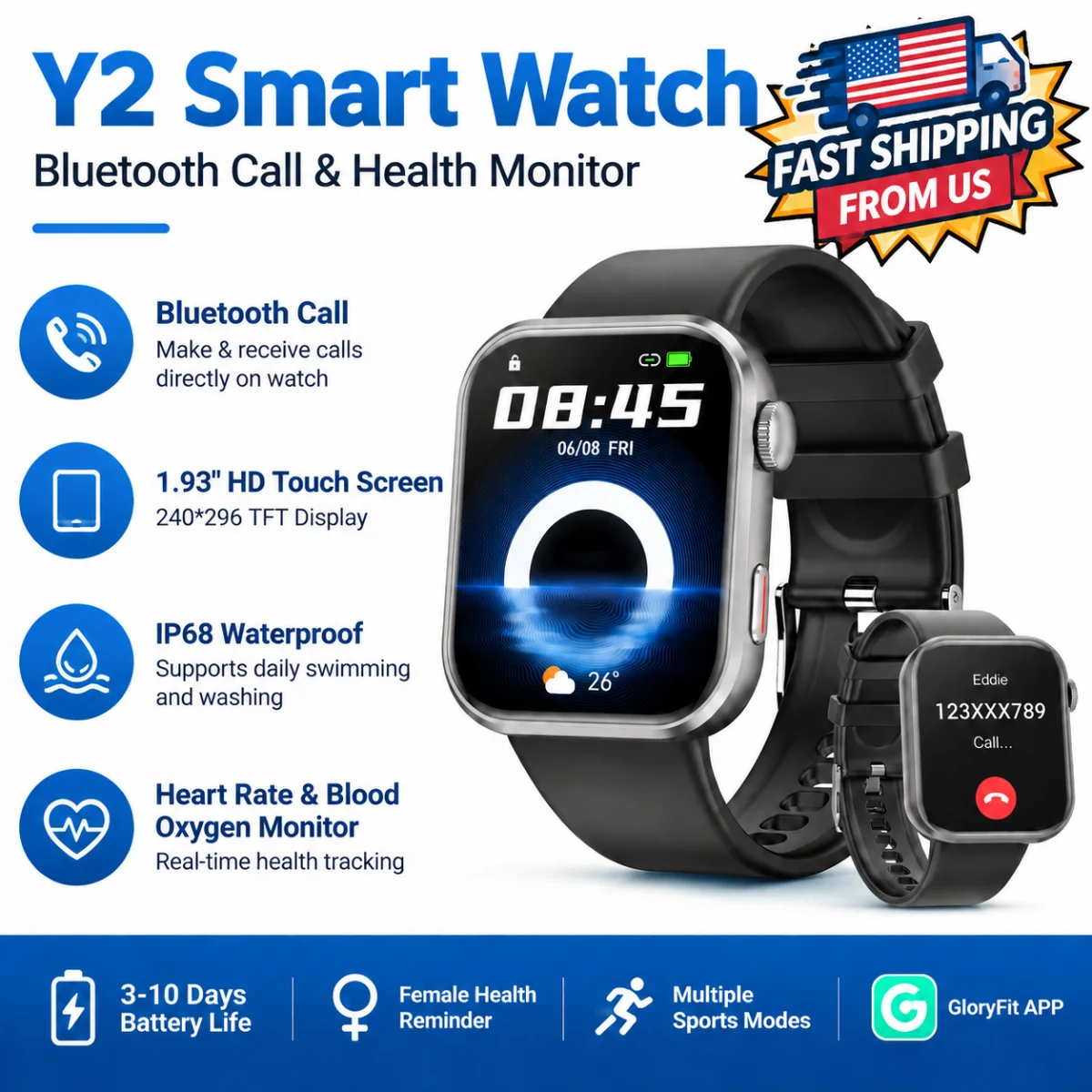 Y2 Smart Watch 1.93" HD Touch Screen - Image 2